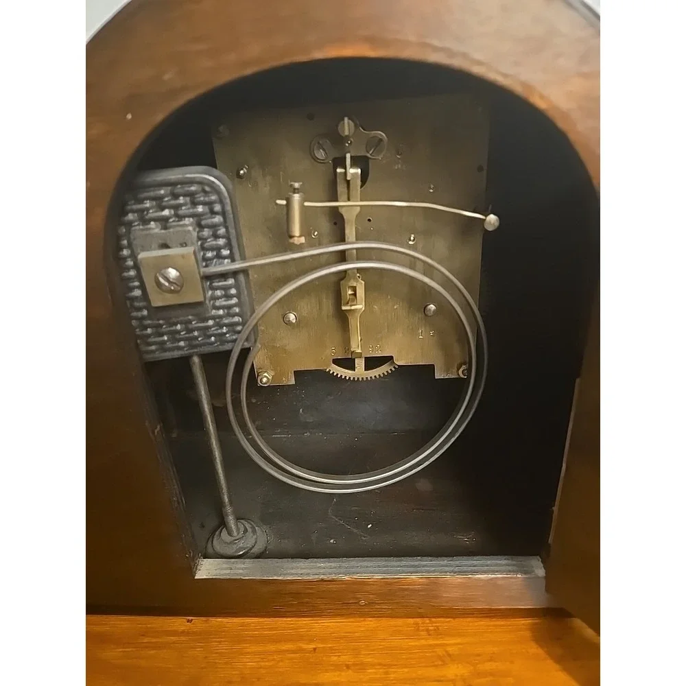 ANTIQUE NAPOLEON HAT CHIMING MANTEL CLOCK  OAK CASE